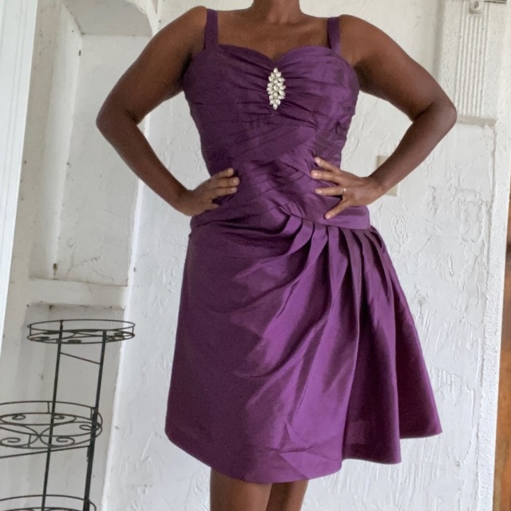 Jade Couture Eggplant Purple Pleated Gathered Poly Blend Chiffon Midi Dress!